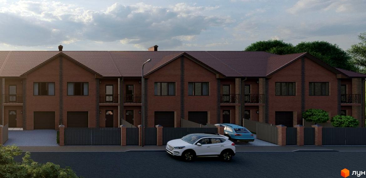 Зображення фасаду та прибудинкової території Котеджного містечка Екологічне. На передньому плані видно два автомобілі.