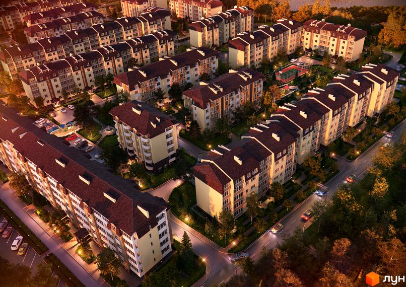 Житловий комплекс Молодіжне містечко: багатоповерхові будинки з червоними дахами та жовтими фасадами, зелена прибудинкова територія з деревами та освітленням.