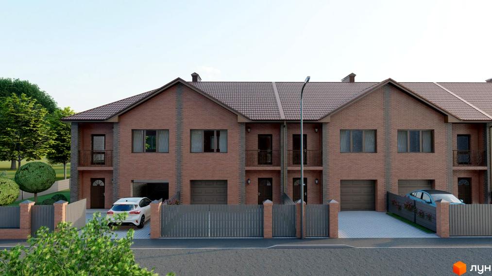 Котеджне містечко Екологічне: ряд цегляних котеджів з коричневими дахами та гаражами. Прибудинкова територія з бруківкою та зеленими насадженнями.