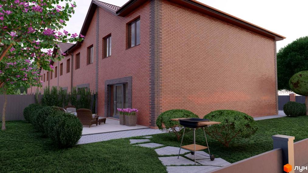 Зовнішній вигляд будинку в Котеджному містечку Екологічне з прибудинковою територією та газоном.