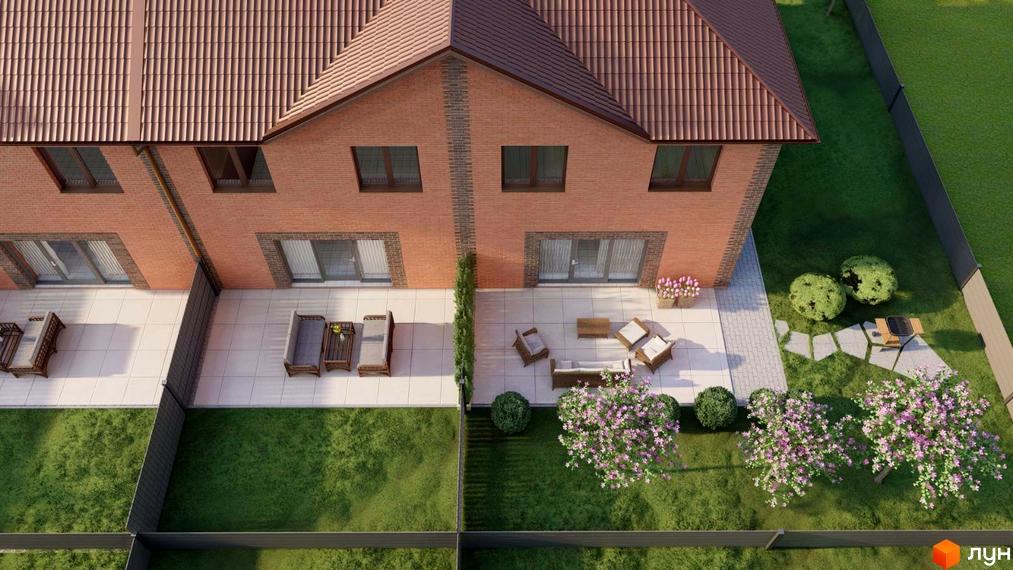 Котеджне містечко Екологічне: двоповерхові будинки з цегли, тераси та зелені газони з квітучими деревами.