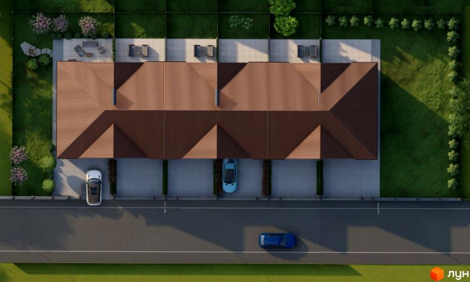 Вид зверху на Котеджне містечко Екологічне з коричневими дахами. Прибудинкова територія має зелені газони та паркувальні місця.