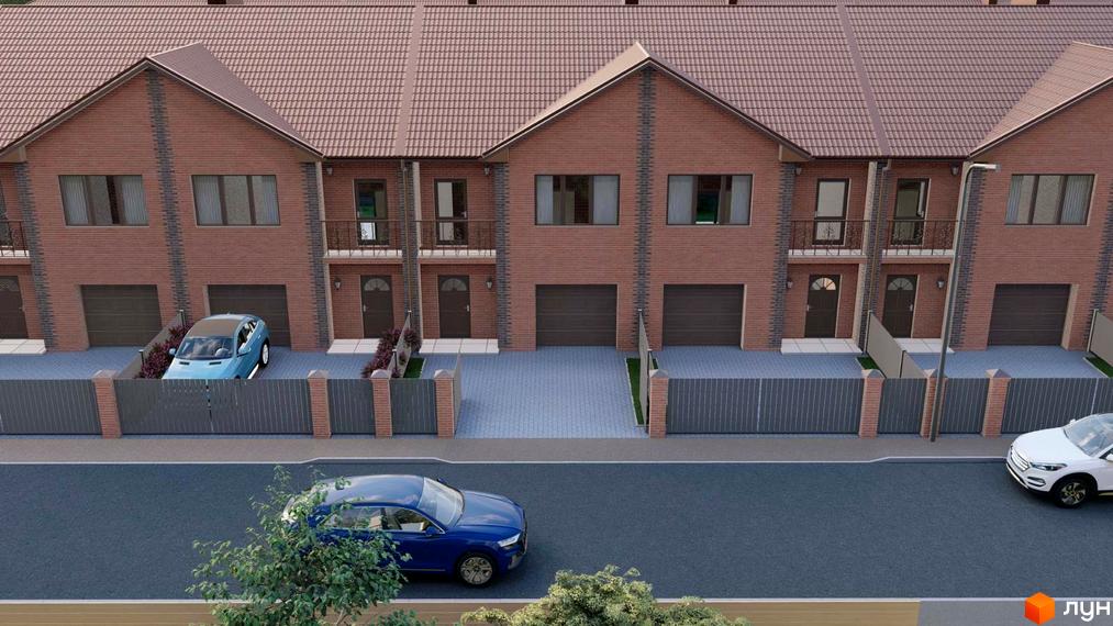 Зображення будинків Котеджного містечка Екологічне з червоної цегли з коричневим дахом та гаражами. Перед будинками припарковані авто.