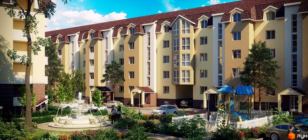 Зовнішній вигляд багатоповерхового будинку ЖК Молодіжне містечко з елементами класичного стилю. На прибудинковій території розташовані дитячий майданчик та фонтан.