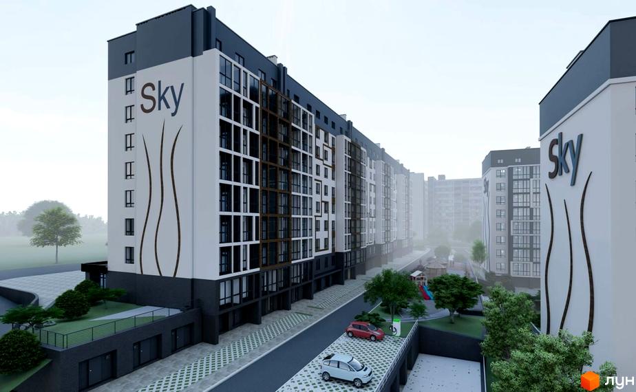 Зовнішній вигляд житлового комплексу Sky з білою фасадною частиною та темними елементами. На прибудинковій території видно парковку та зелені насадження.