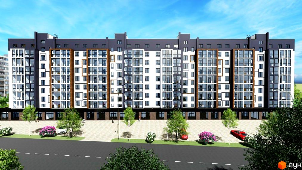 Фасад житлового комплексу Болгарський з великою кількістю вікон та балконів. Перед будинком розташована прибудинкова територія з деревами, кущами та автомобілями.