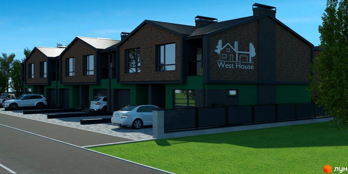 Таунхауси West House з цегляним фасадом та зеленими елементами. На прибудинковій території розташовані автомобілі та доглянутий газон.