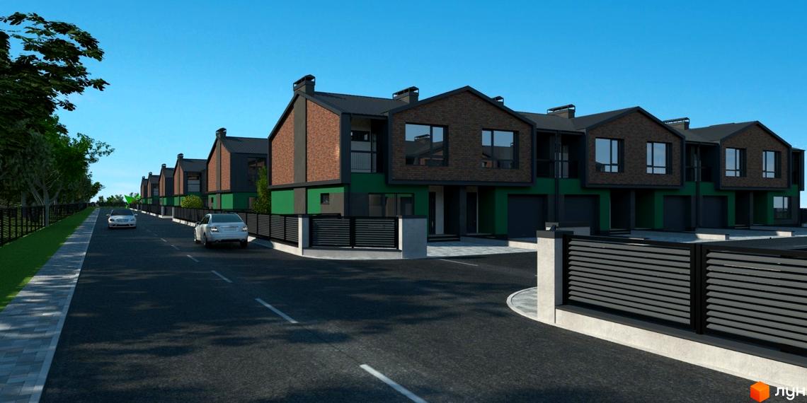 Таунхауси West House з цегляним фасадом та зеленими елементами, розташовані вздовж дороги з тротуаром та огородженою територією.