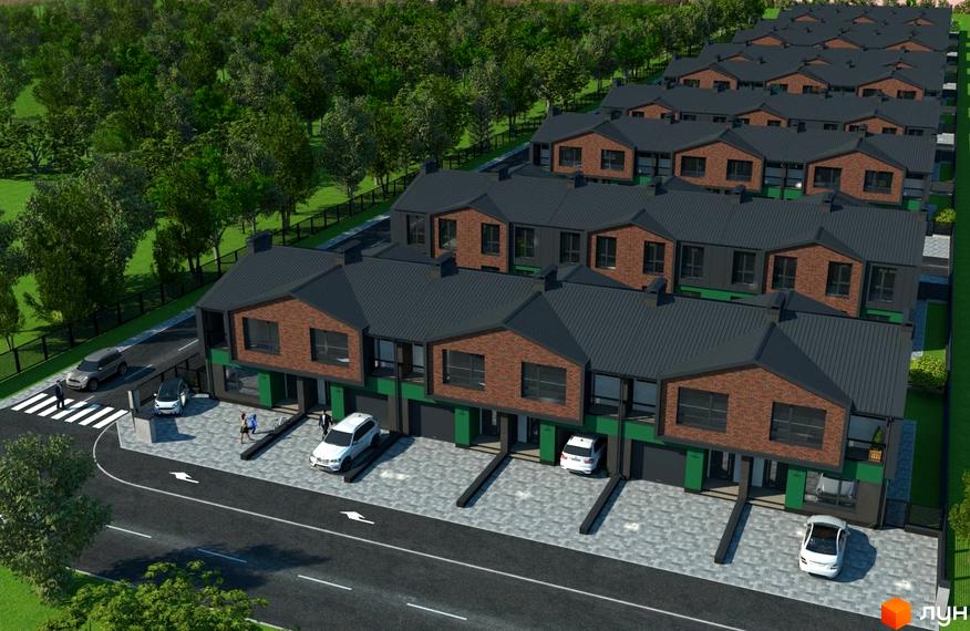 Таунхауси West House з цегляним фасадом та зеленими елементами. На прибудинковій території розташовані паркомісця та дорога.