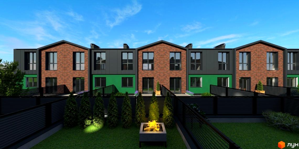 Таунхауси West House з цегляним фасадом та зеленою зоною. На прибудинковій території розташований мангал з вогнем та зелені насадження.