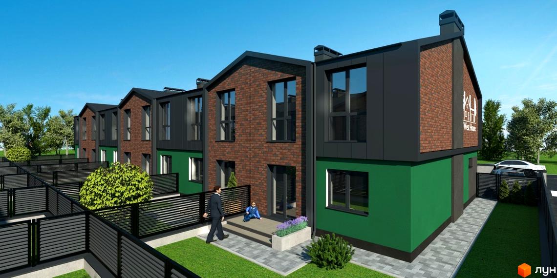 Таунхауси West House з цегляним фасадом та зеленими елементами, огороджена прибудинкова територія з газоном та деревами.