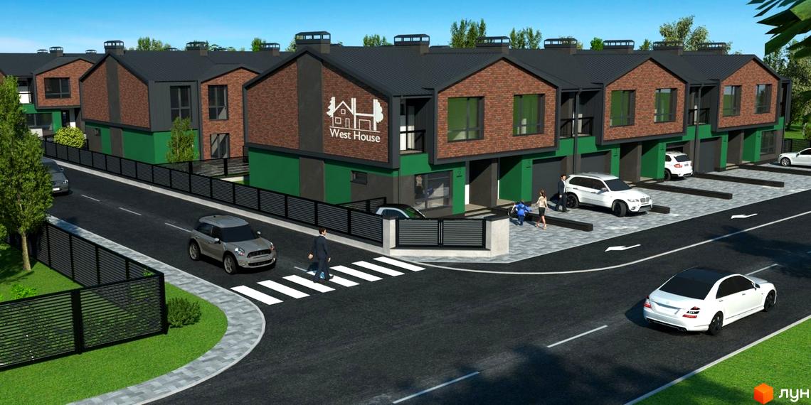 Зовнішній вигляд таунхаусів West House з цегляним фасадом та зеленими елементами, прибудинкова територія з дорогою та автомобілями.