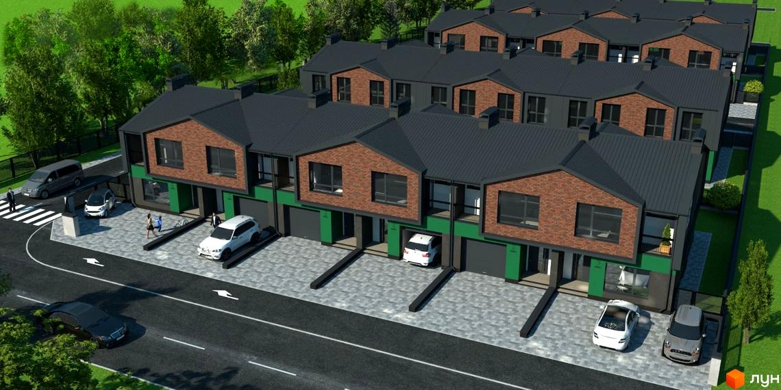 Таунхауси West House: сучасні двоповерхові будинки з цегляним фасадом та зеленою зоною. Прибудинкова територія з парковкою та доглянутим ландшафтом.