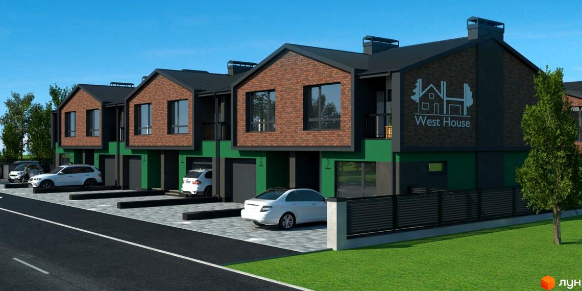Таунхауси West House з цегляним фасадом та зеленими елементами, парковка з автомобілями та доглянута прибудинкова територія з газоном.