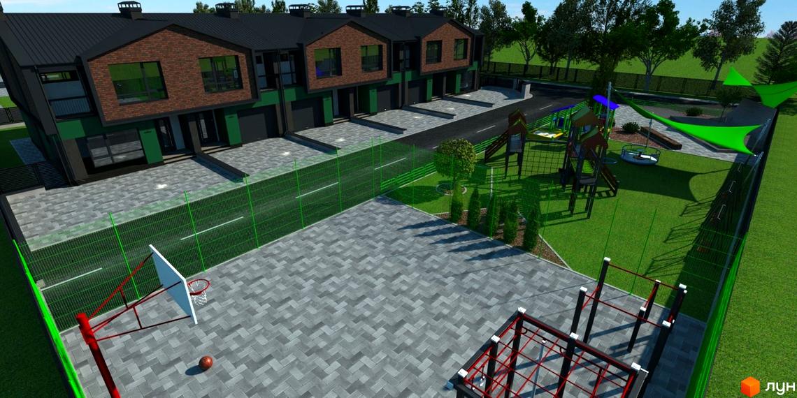 Таунхауси West House – це двоповерхові будинки з цегляним фасадом та зеленими елементами, розташовані біля дитячого майданчика та спортивної зони.