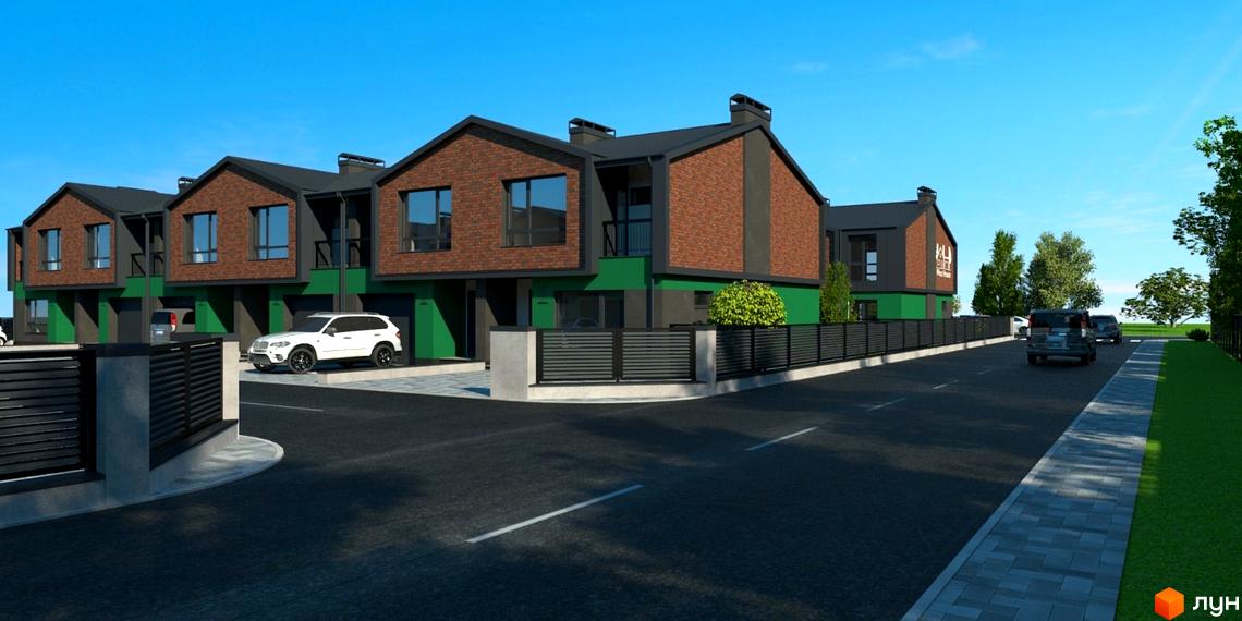 Таунхауси West House з цегляним фасадом та зеленими елементами, з автомобілями та огородженою територією.