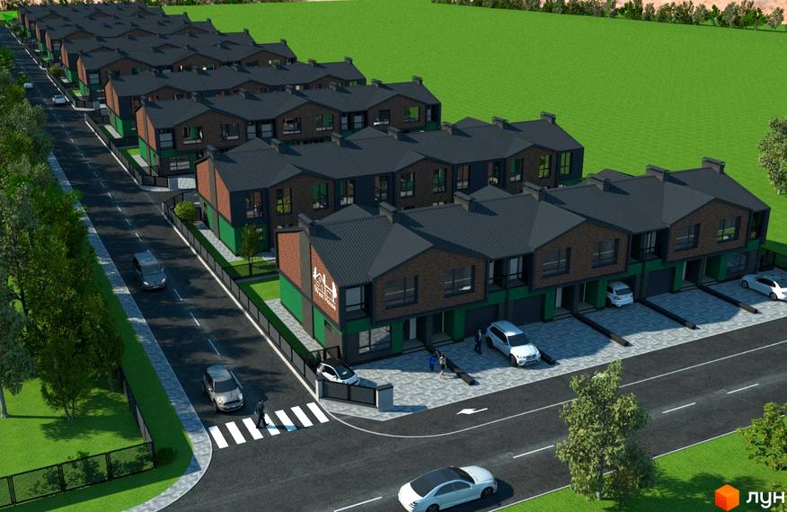 Таунхауси West House з цегляним фасадом та зеленими елементами. Прибудинкова територія з дорогою та припаркованими автомобілями.