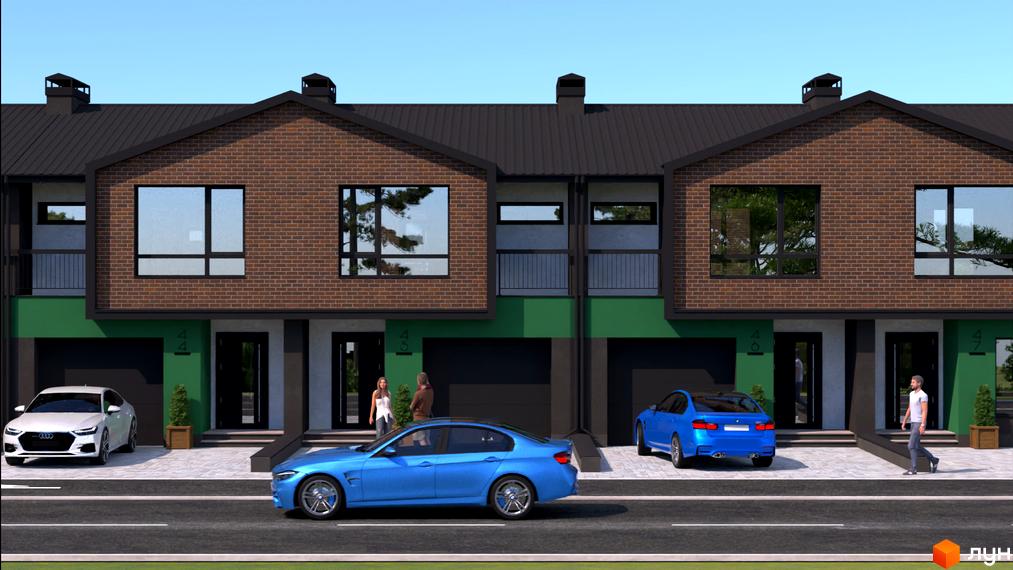 Таунхауси West House з цегляним фасадом та гаражами. Перед будинками розташовані автомобілі та доріжка.