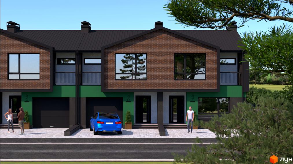 Таунхауси West House – фасади з цегляним оздобленням та зеленою штукатуркою, з гаражами та балконами. Прибудинкова територія з дорогою та деревами.