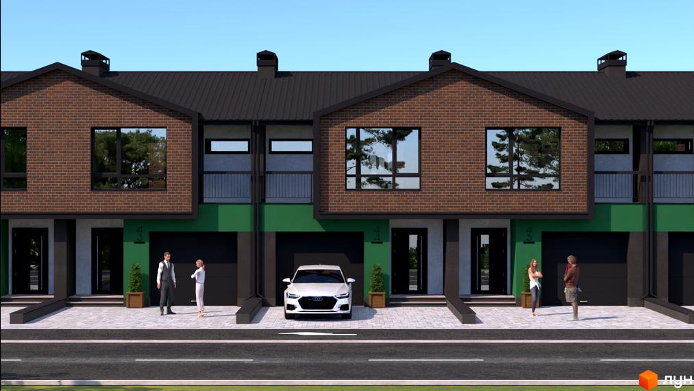 Таунхауси West House – цегляні фасади, зелені вставки та просторі гаражі. Перед будинками розташована бруківка та дорога.