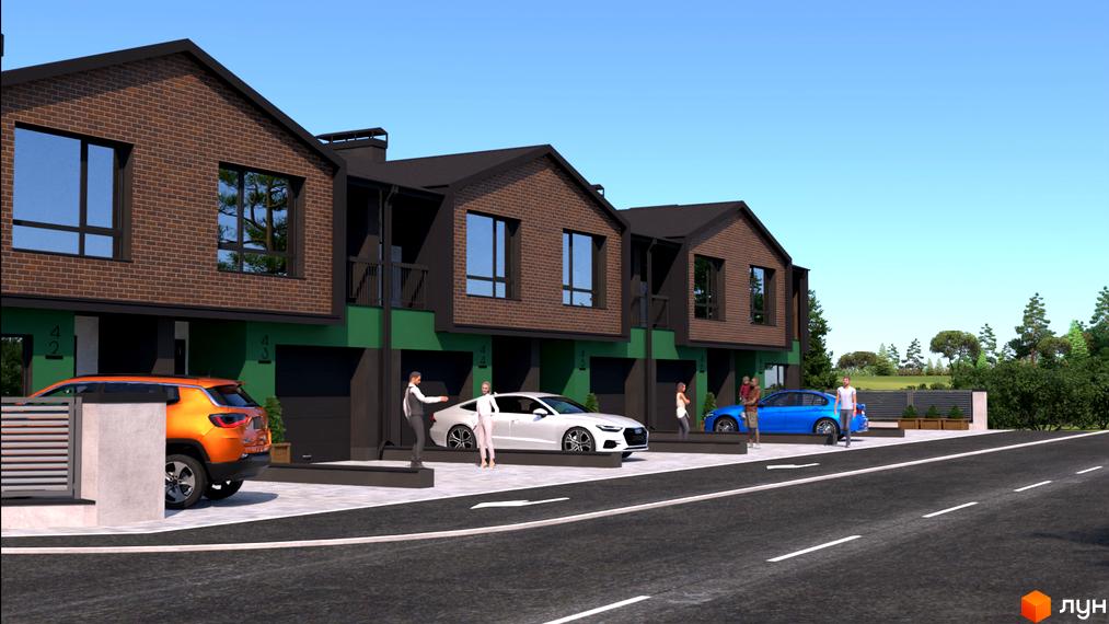 Таунхауси West House – це цегляні будинки з чорними дахами та зеленими фасадами, розташовані вздовж асфальтованої дороги з прибудинковою територією та автомобілями.