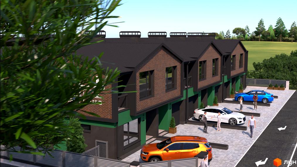 Таунхауси West House: триповерхові будинки з цегляним фасадом та темним дахом, перед якими розташовані автомобілі та зелені насадження.