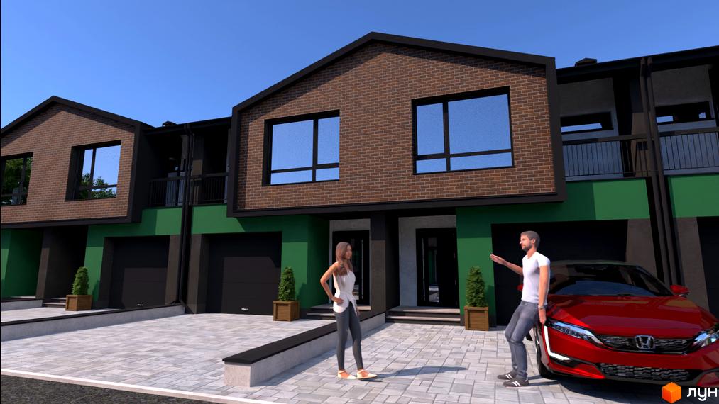 Таунхауси West House. Зовнішній вигляд цегляних будинків з зеленими фасадами та прибудинкова територія з червоним автомобілем та людьми.