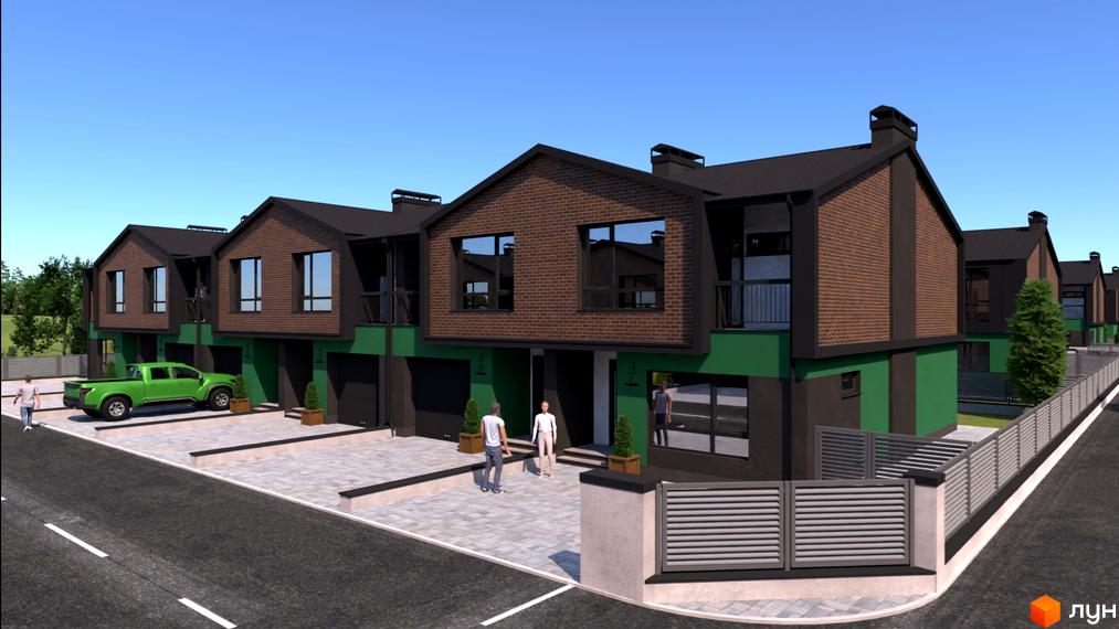 Таунхауси West House з цегляним фасадом та зеленими елементами. Прибудинкова територія з паркуванням, парканом та дорогою.