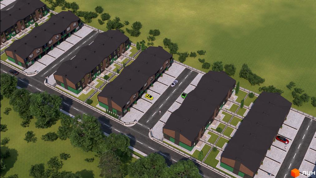 Таунхауси West House з темними дахами та коричнево-зеленими фасадами, розташовані вздовж дороги з паркомісцями та зеленою зоною.