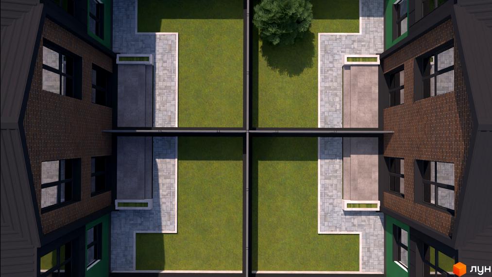 Таунхауси West House: вид зверху на цегляні фасади будівель та зелені дворики з бруківкою. Огляд території житлового комплексу.