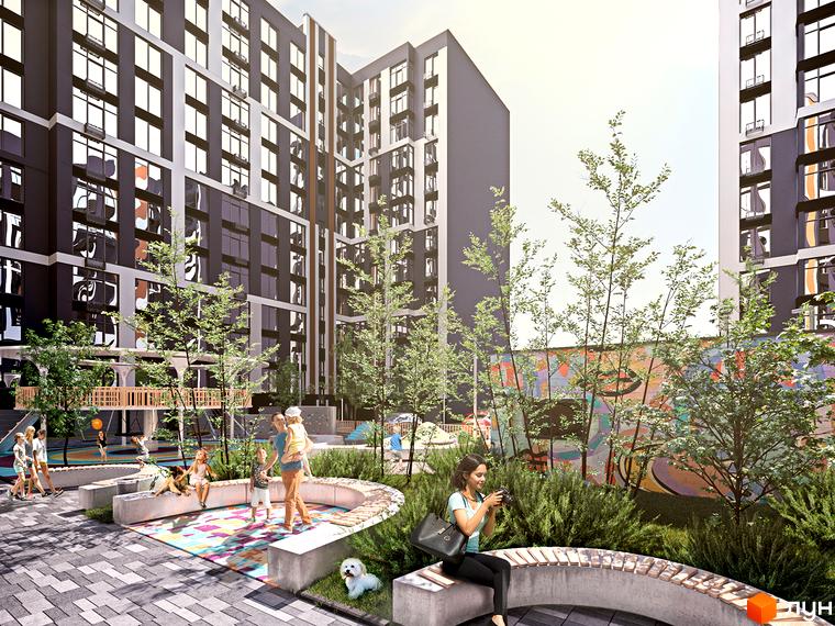 Житловий комплекс U One з фасадами темних кольорів та великою кількістю вікон. Прибудинкова територія з дитячим майданчиком, зонами відпочинку та зеленими насадженнями.