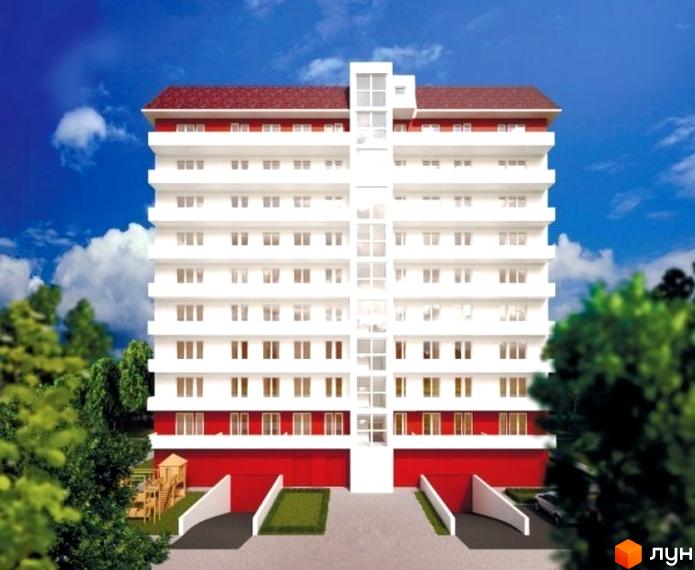 Новобудова на вул. Святослава Ріхтера, 2, 2-й пров. Сурікова, 2. Багатоповерховий будинок з червоним дахом, білими фасадами та червоними в'їздами в паркінг. Поруч дитячий майданчик та зелені насадження.