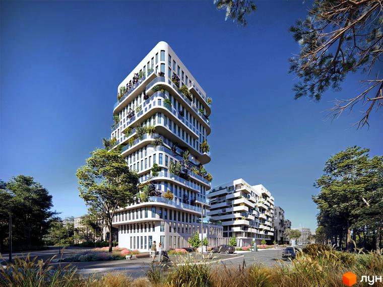 Житловий комплекс Five Address - це сучасна архітектура з вигнутими фасадами та озелененими балконами, розташований біля доглянутої прибудинкової території з деревами та зонами відпочинку.