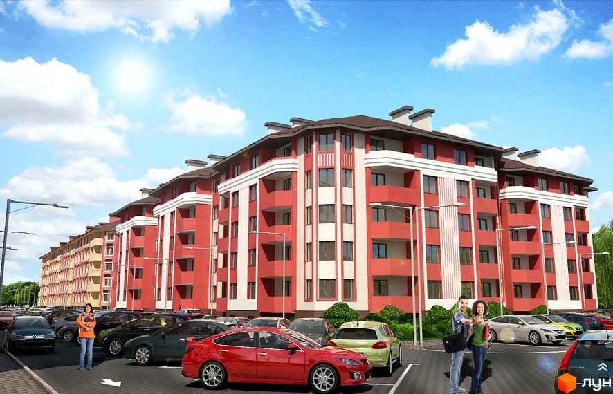 Житловий комплекс Щасливий з червоно-бежевими фасадами та прибудинковою територією, заповненою автомобілями.