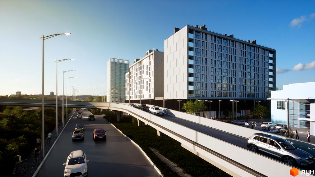 Зображення Житлового комплексу Kniahynyn-Center з багатоповерховими будинками та дорогою з автомобілями.