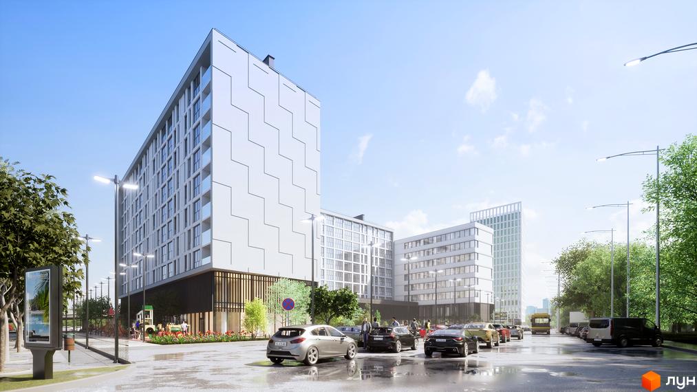 Зображення фасаду Житлового комплексу Kniahynyn-Center та прибудинкової території з парковкою. Вигляд на будівлю з вулиці.