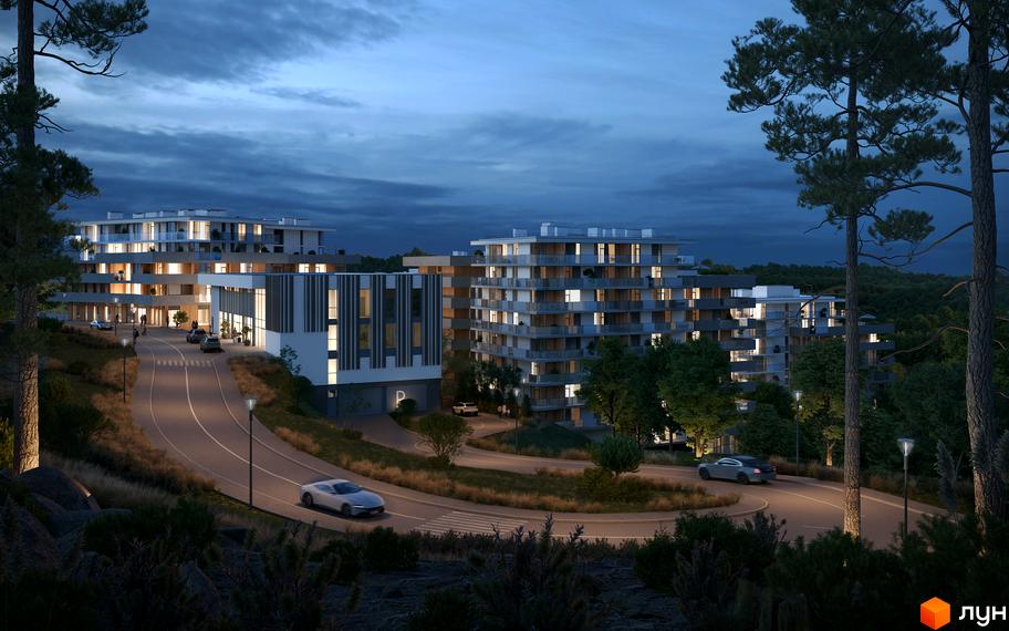 Житловий комплекс MARVEL Hill з багатоповерховими будинками та балконами, розташований біля дороги з автомобілями та деревами ввечері.