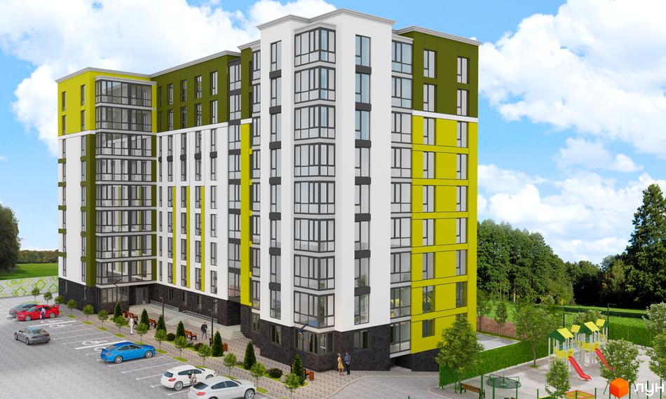 Зовнішній вигляд новобудови ЖК Green Estate з яскравим фасадом та прибудинковою територією з дитячим майданчиком та парковкою.