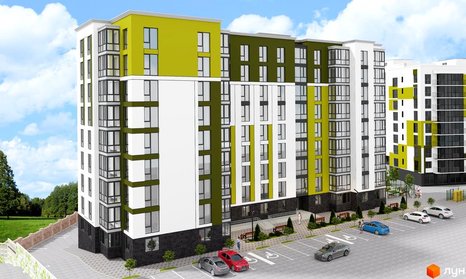 Зовнішній вигляд житлового комплексу Green Estate з яскравими зеленими та білими фасадами, панорамними вікнами та прибудинковою територією з парковкою та зеленими насадженнями.