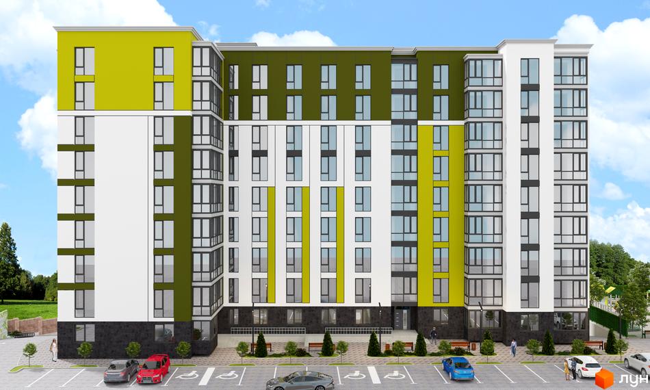 Зовнішній вигляд новобудови ЖК Green Estate з яскравими зеленими та білими фасадами, великими вікнами та прибудинковою територією з парковкою та деревами.