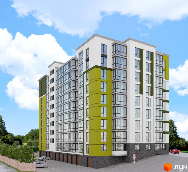 Житловий комплекс Green Estate – це багатоповерхова новобудова з панорамним склінням та яскравими зеленими акцентами. Біля будинку розташовані паркувальні місця та зелена зона.