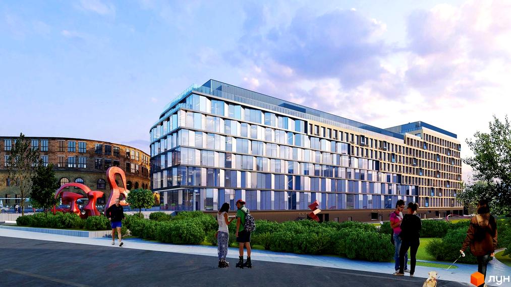 Житловий комплекс на вул. Князів Острозьких, 8, має будівлю з великими вікнами та скляним фасадом, оточену зеленими насадженнями.