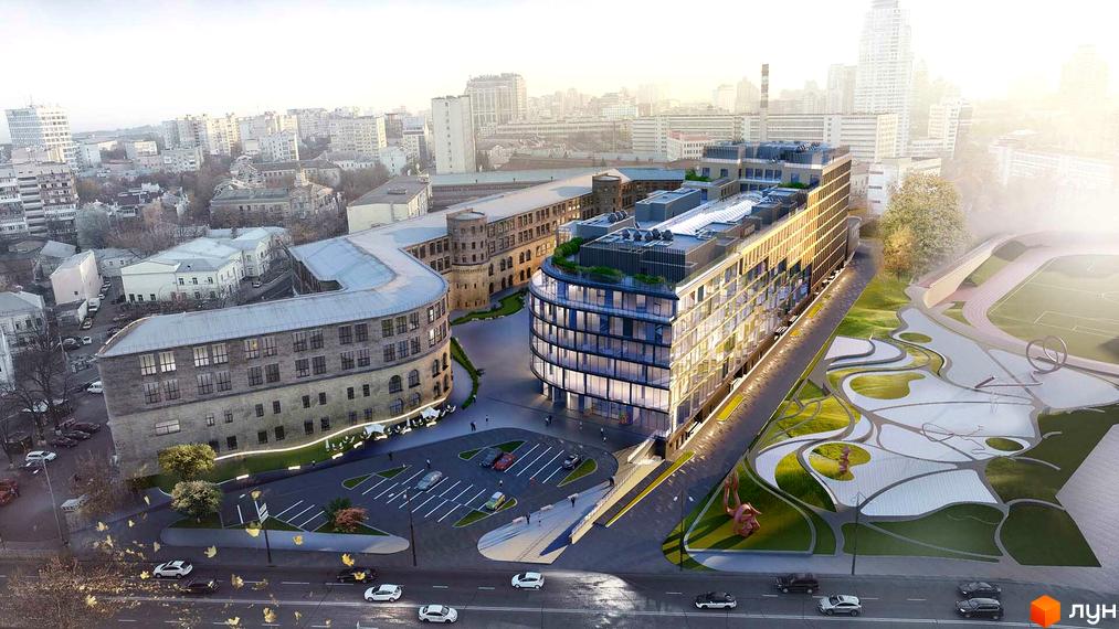 Житловий комплекс на вул. Князів Острозьких, 8: будівлі з вигнутими фасадами, скляними вікнами та прибудинковою територією з паркінгом і стадіоном.