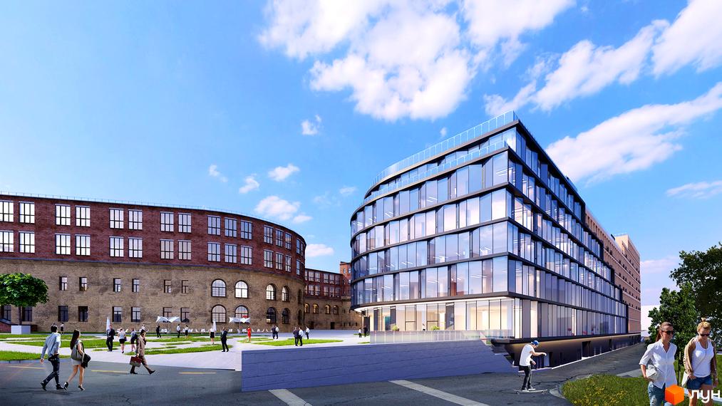 Великий скляний будинок та вигнута цегляна будівля з багатьма вікнами. Навколо будівель розташовані зелені газони та доріжки з людьми.