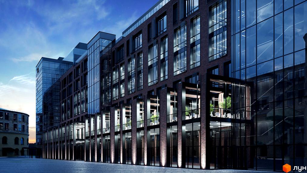 Сучасний житловий комплекс на вулиці Князів Острозьких (Московська), 8, з цегляним фасадом та великими скляними вікнами, що відображають небо. Перед будинком розташований доглянутий двір з деревами та місцями для відпочинку.