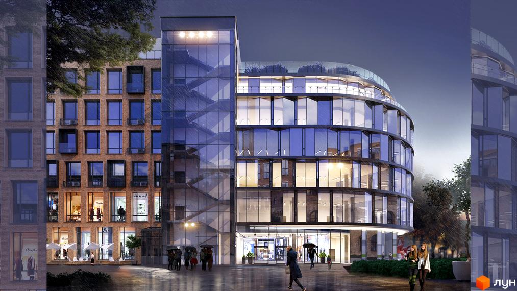 Новобудова з цегляним та вигнутим скляним фасадом на вул. Князів Острозьких, 8. На першому поверсі магазини, прибудинкова територія з освітленням.