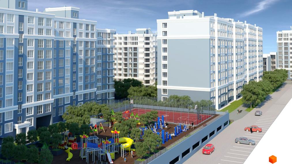 Багатоповерхові будинки Житлового комплексу Лісовий синьо-білого кольору. На прибудинковій території розташовані дитячий та спортивний майданчики, а також парковка.