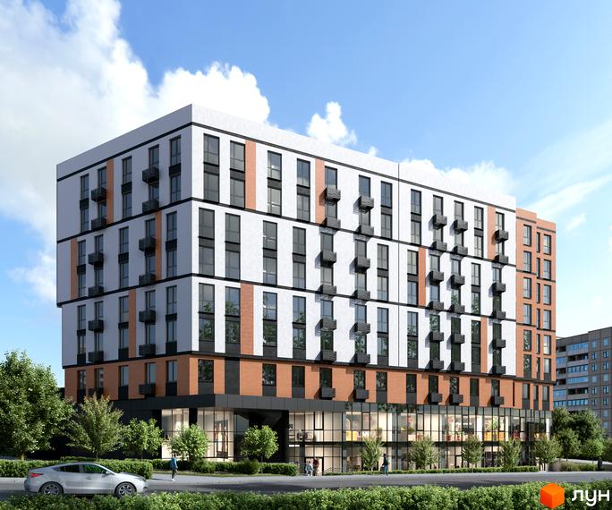 Зовнішній вигляд житлового комплексу Fenix з білими та цегляними фасадами, великими вікнами та балконами. На передньому плані зелена зона та дорога з автомобілем.