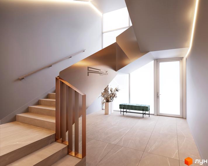 Сучасний інтер'єр сходової клітки житлового комплексу Fenix з мармуровими сходами та м'якою зеленою лавкою. Ознайомтеся з проєктом Fenix для вашого нового дому.