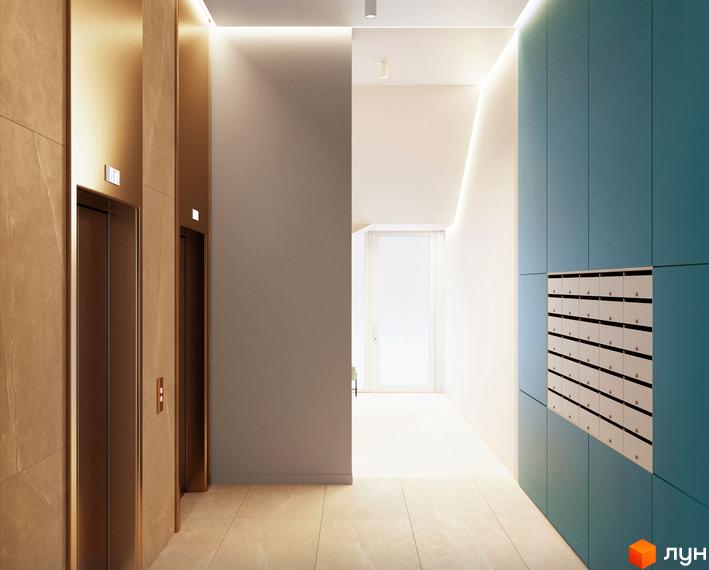 Сучасний дизайн холу житлового комплексу Fenix з ліфтами та поштовими скриньками. Просторий коридор з приємним освітленням.
